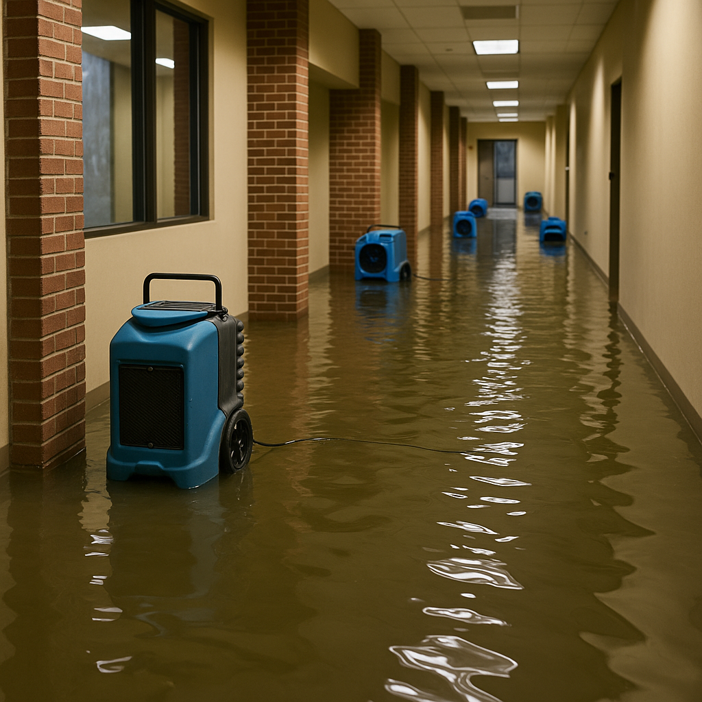 Industrial air movers and dehumidifiers drying floors in Woodland Hills property
