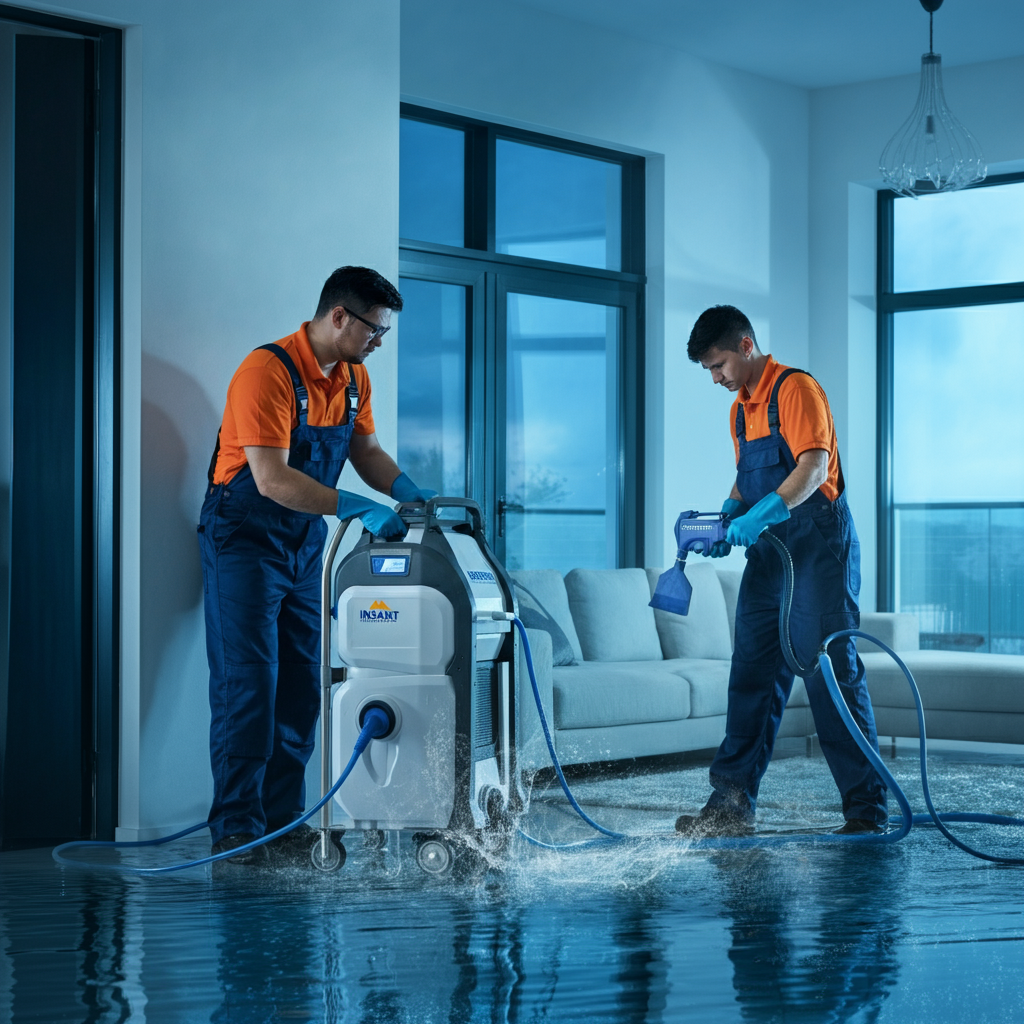 Water damage technician using drying equipment during 24/7 emergency water restoration in Los Angeles