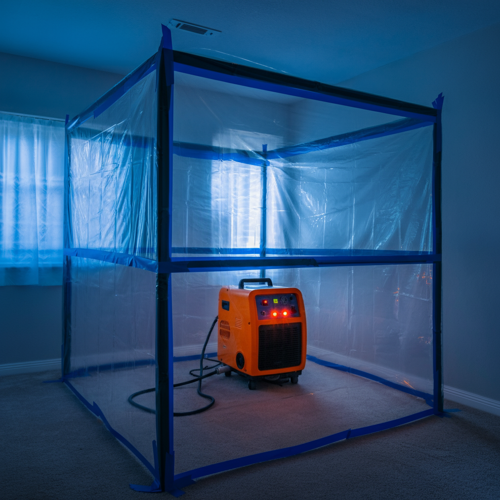 Technician performing water damage extraction in Woodland Hills living room