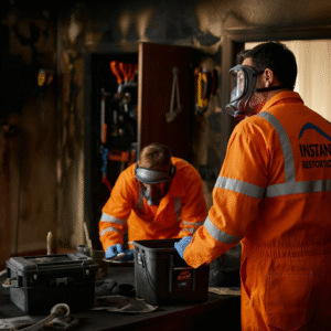 Instant Restoration crew performing fire damage cleanup in Los Angeles home