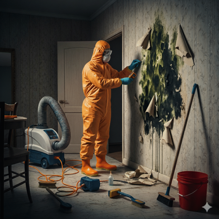 A professional mold remediation technician in a white hazmat suit and mask uses a moisture meter on a wall with a large patch of mold. Professional equipment, including an air scrubber, is visible in the room.