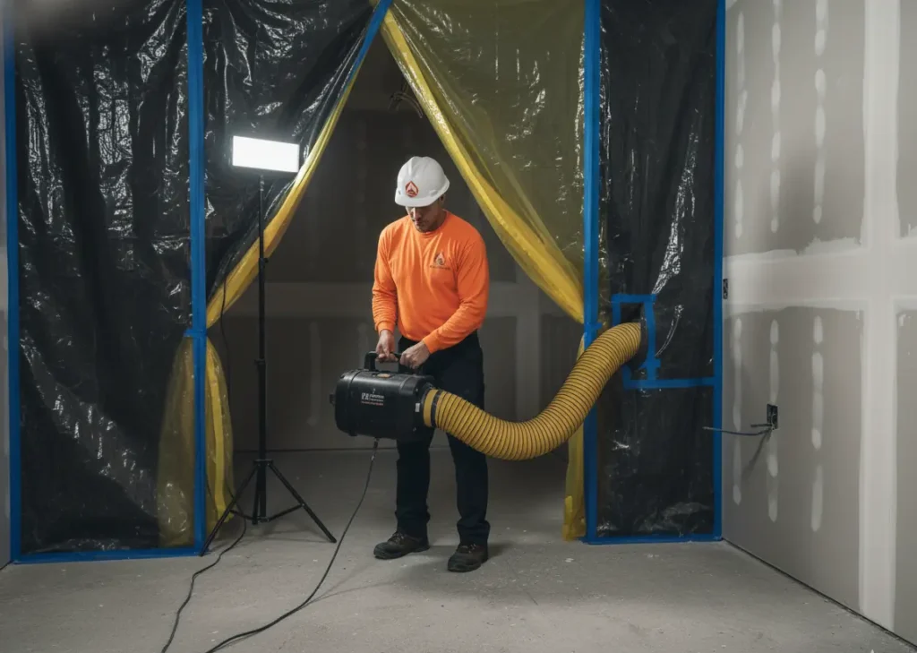 Containment and negative air setup for mold removal and mold remediation services in Los Angeles, Ventura County, and Orange County.