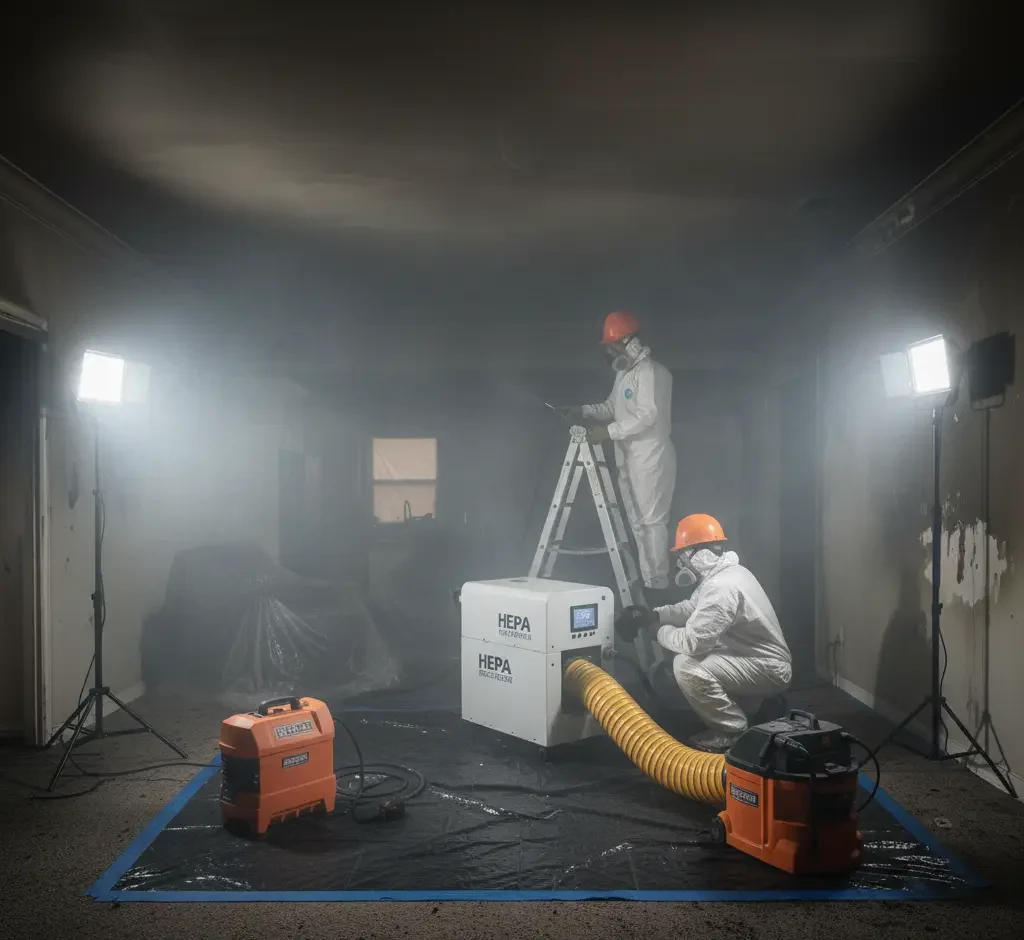 Technicians using air filtration and deodorization equipment to remove smoke odor and improve indoor air quality in Los Angeles, Ventura County, and Orange County.
