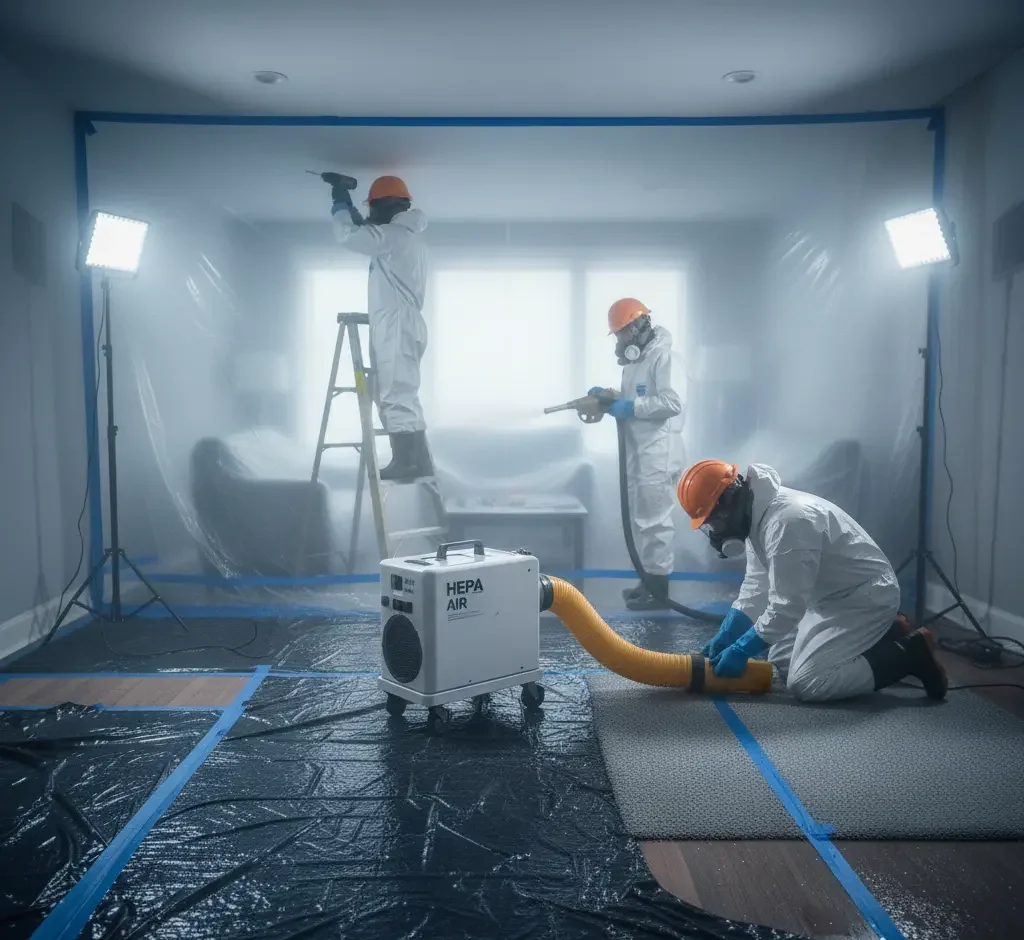 Air filtration equipment operating during sewage cleanup as technicians begin reconstruction in Los Angeles, Ventura County, and Orange County.