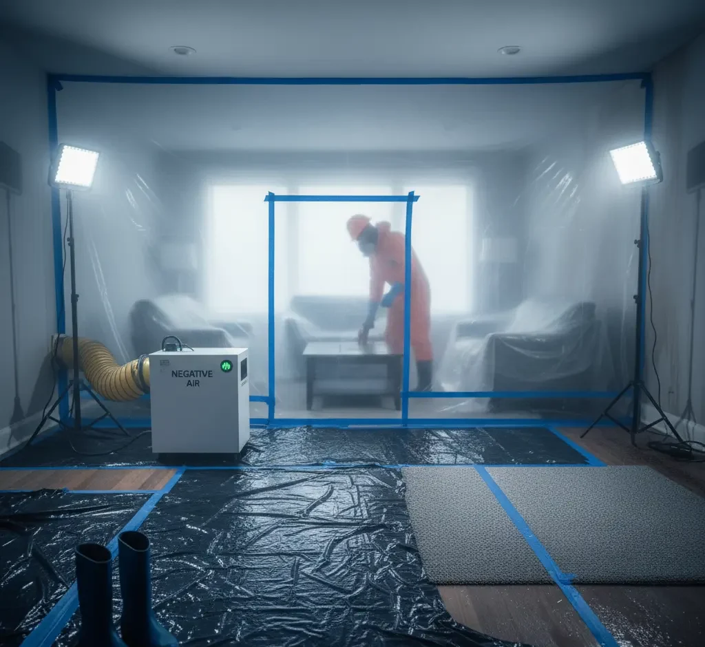 Technicians setting up containment and negative air pressure systems during sewage cleanup in Los Angeles, Ventura County, and Orange County.