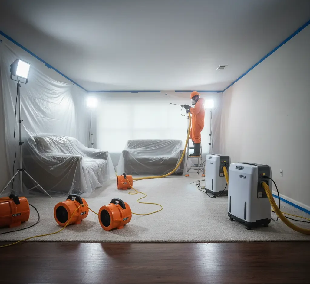 Drying equipment and dehumidifiers operating during flood damage cleanup in Los Angeles, Ventura County, and Orange County.