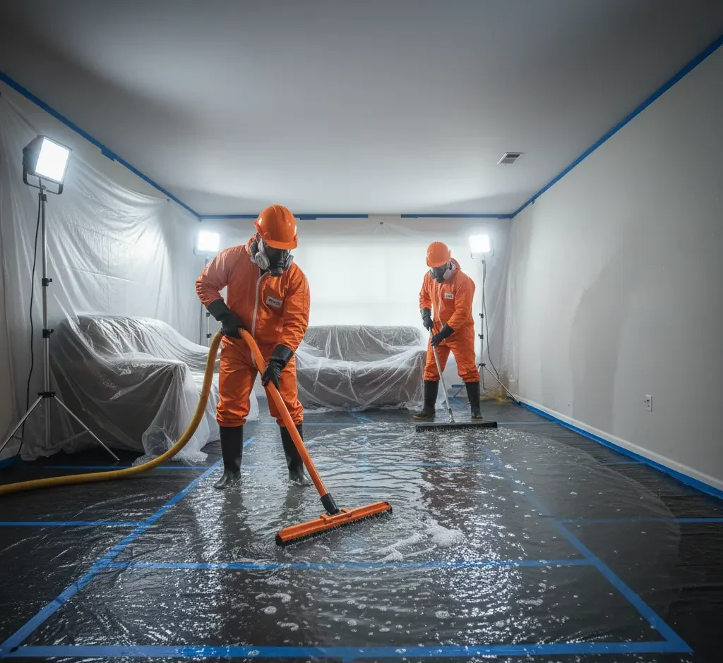 Technicians performing emergency water extraction and removing standing water after flooding in Los Angeles, Ventura County, and Orange County.