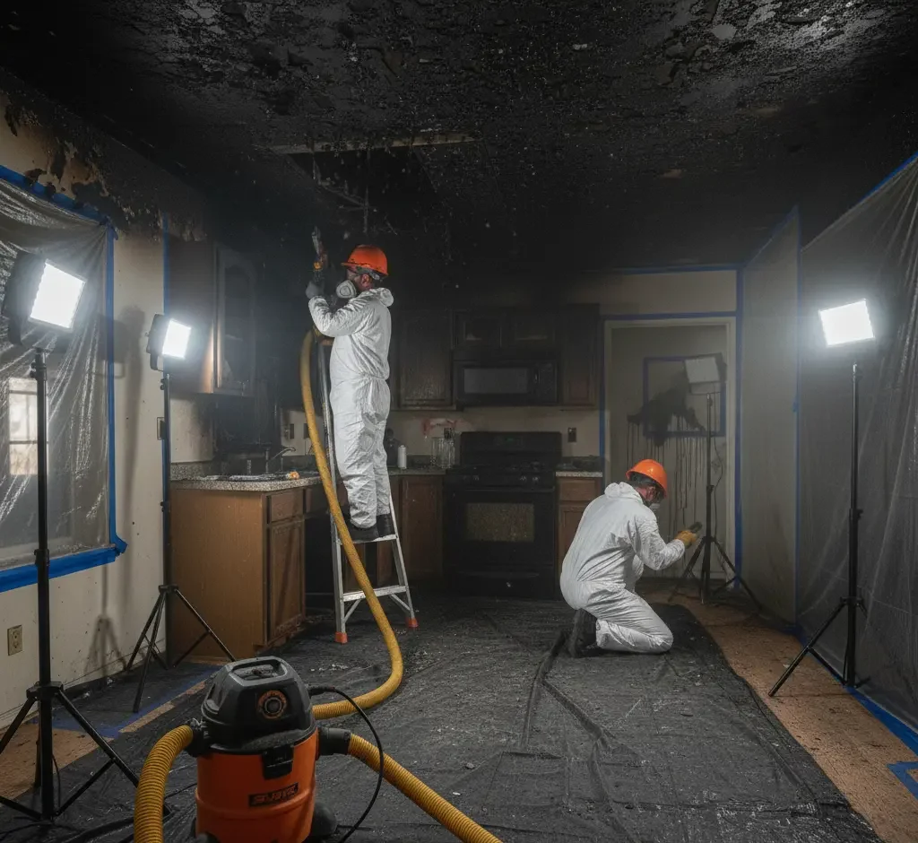 Fire damage debris removal and structural stabilization performed by restoration technicians in a fire-affected kitchen in Los Angeles, Ventura County, and Orange County.