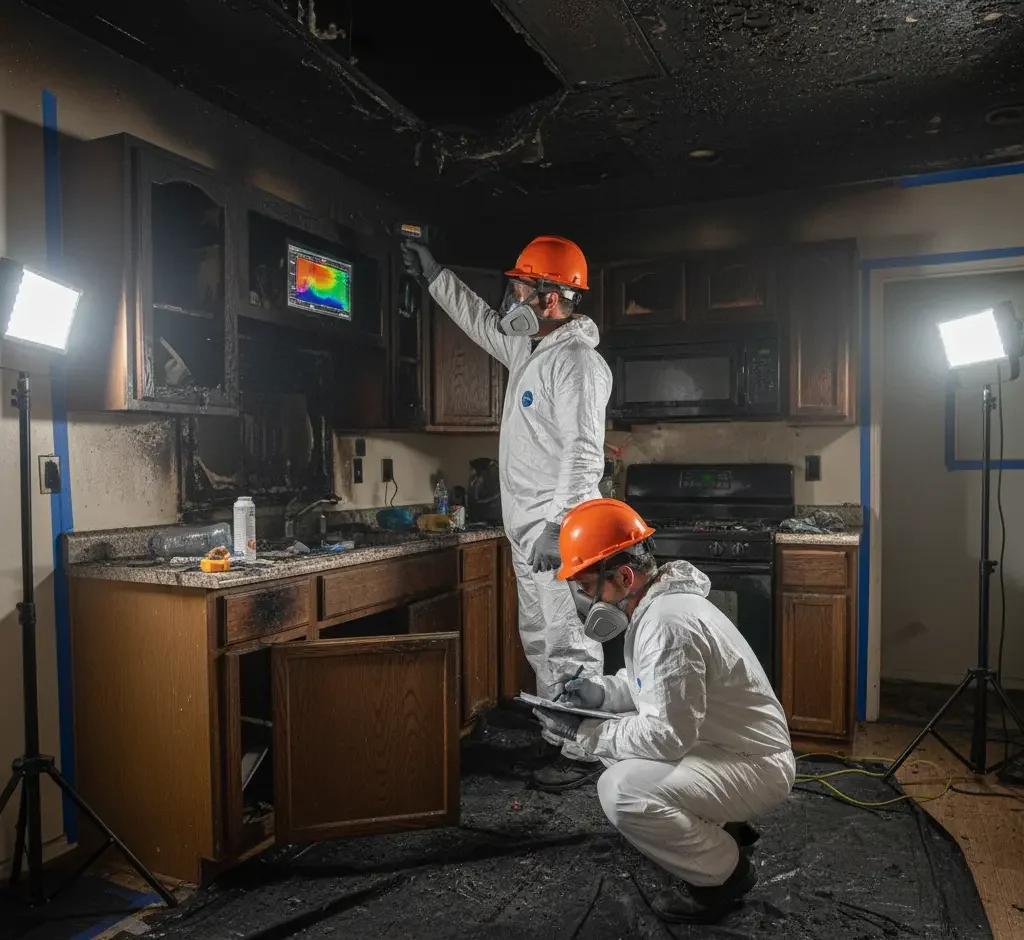 Fire damage inspection and damage assessment in a residential kitchen by professional restoration technicians in Los Angeles, Ventura County, and Orange County.