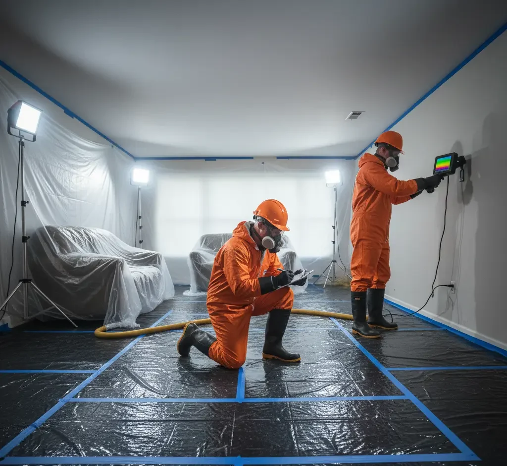 Technicians inspecting flood damage and assessing structural impact after water intrusion in Los Angeles, Ventura County, and Orange County.