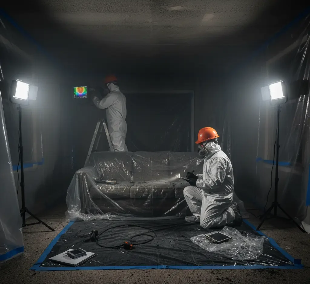 Technicians inspecting a smoke-damaged home and evaluating soot and structural impact in Los Angeles, Ventura County, and Orange County.