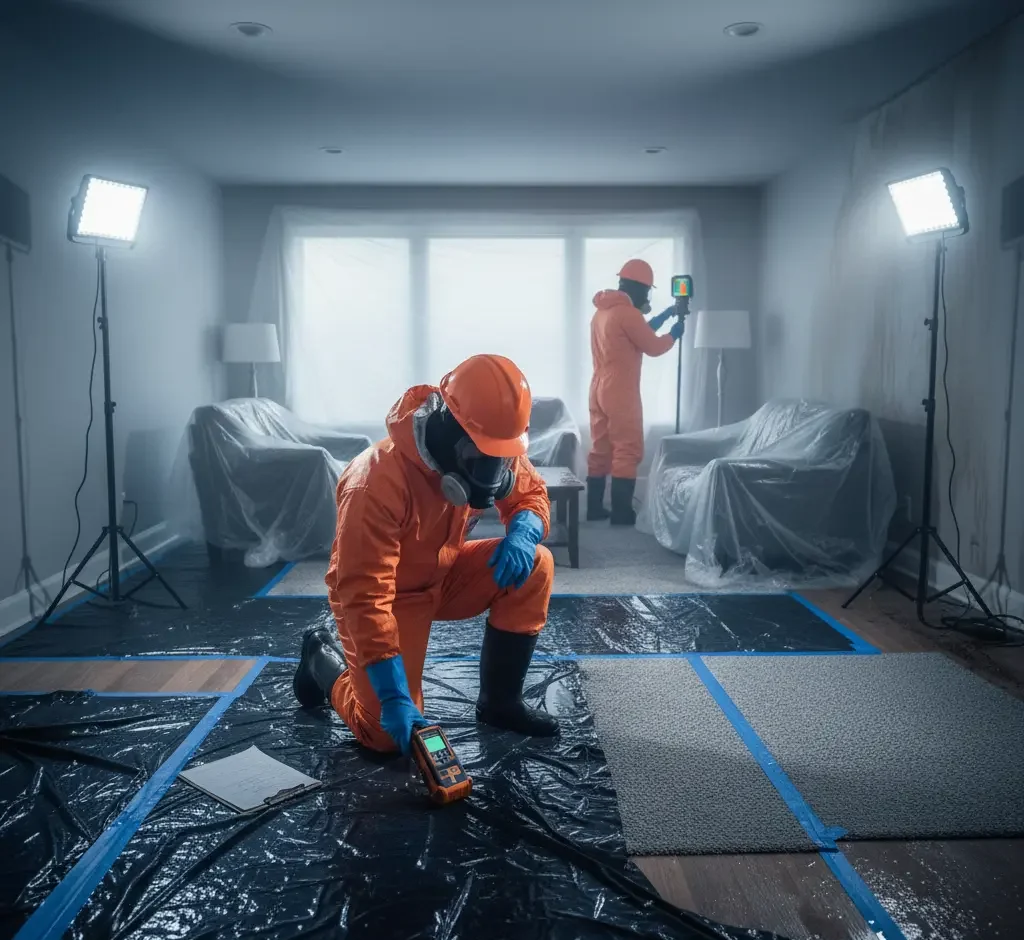 Technicians inspecting sewage damage and performing hazard assessment after a Category 3 water loss in Los Angeles, Ventura County, and Orange County.