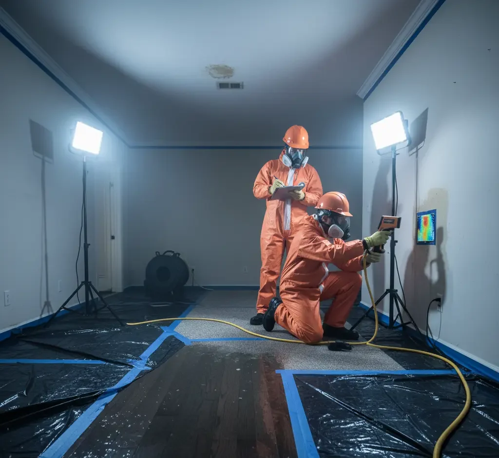 Technicians performing inspection and moisture mapping after water damage in a residential property in Los Angeles, Ventura County, and Orange County.