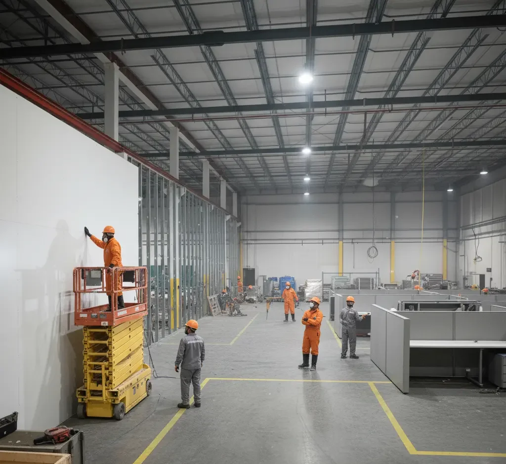 Technicians installing drywall, flooring, and interior finishes during reconstruction in Los Angeles, Ventura County, and Orange County.