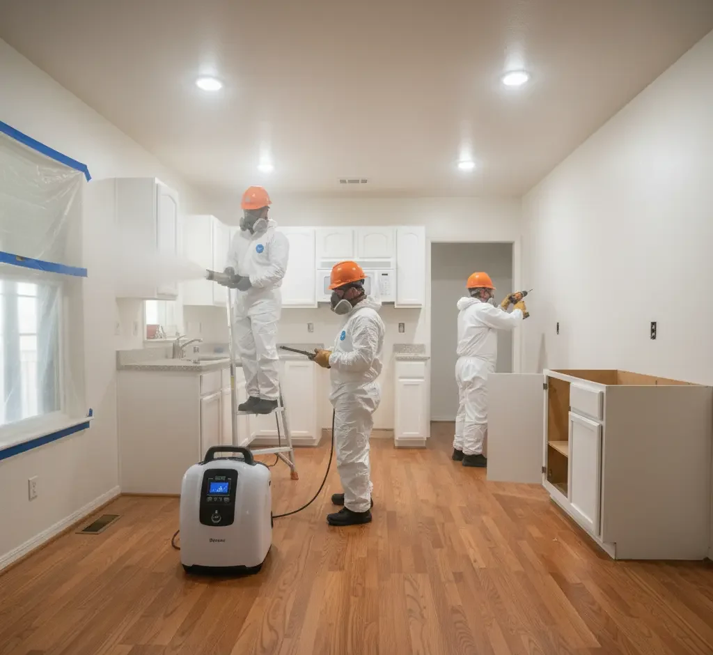 Fire damage technicians performing odor neutralization and planning reconstruction in a fire-damaged kitchen in Los Angeles, Ventura County, and Orange County.