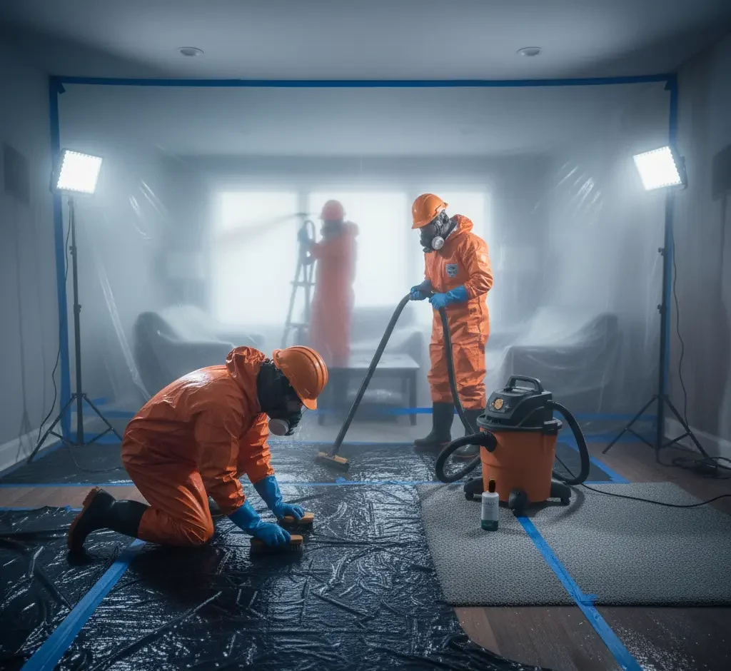 Technicians performing sewage removal and environmental cleaning after contamination in Los Angeles, Ventura County, and Orange County.