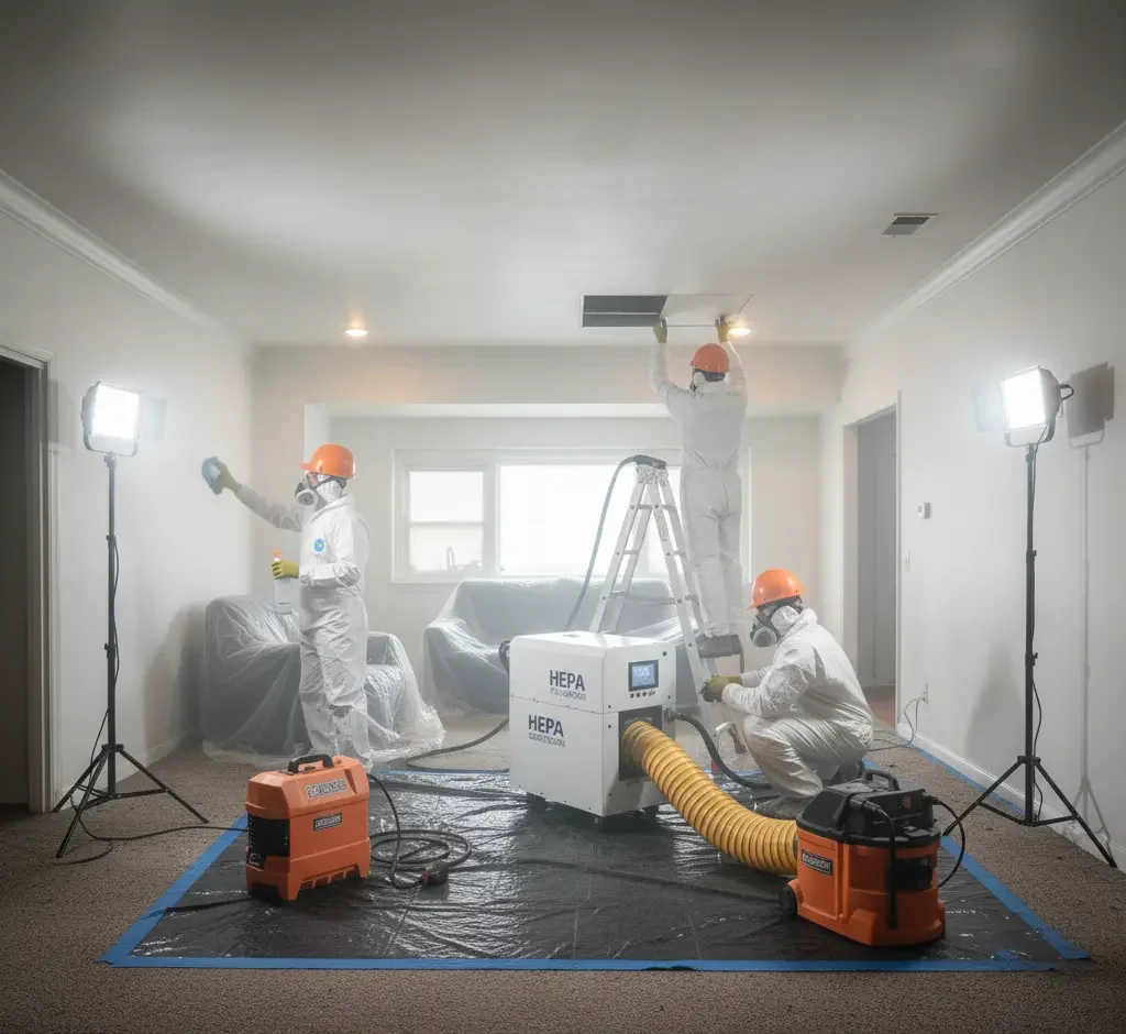 Technicians performing sanitization and beginning restoration work after smoke damage in Los Angeles, Ventura County, and Orange County.