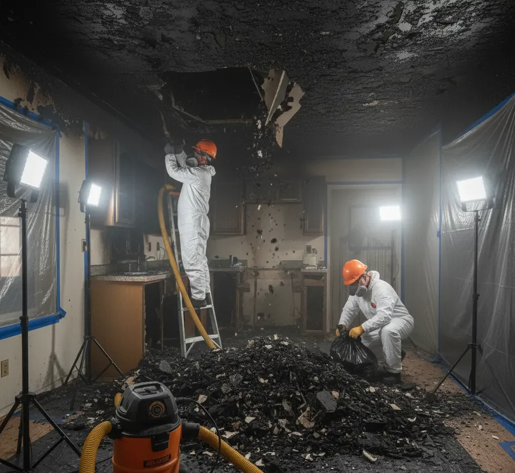 Technicians performing soot removal and deep cleaning after severe kitchen fire damage in Los Angeles, Ventura County, and Orange County.