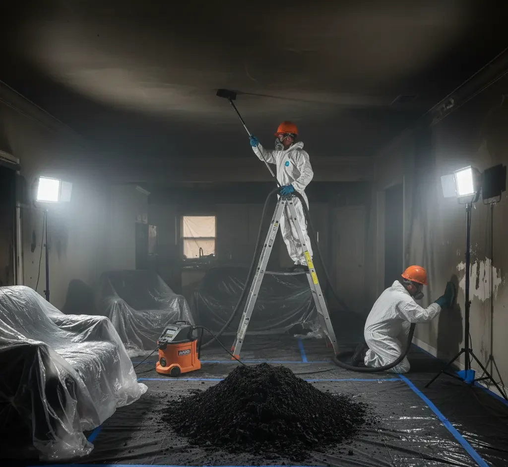 Smoke damage technicians removing soot and performing deep cleaning inside a fire-damaged room in Los Angeles, Ventura County, and Orange County.