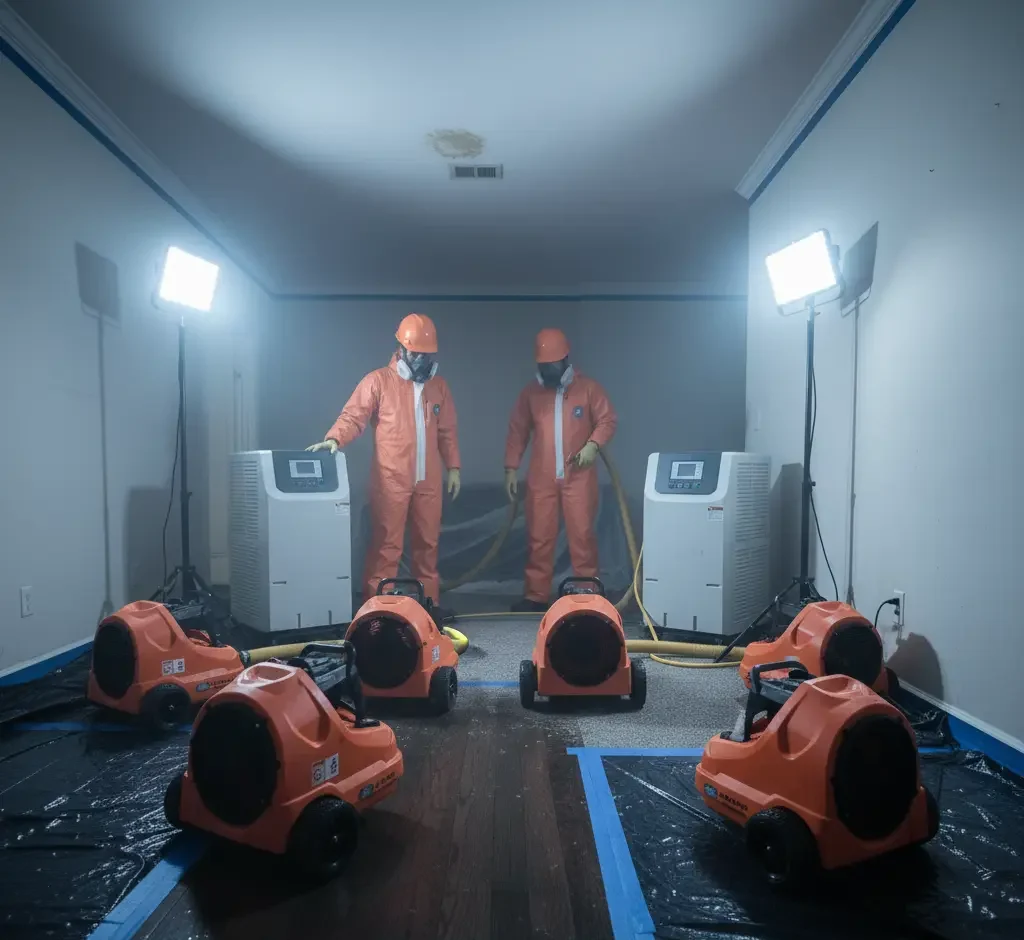 Structural drying and dehumidification equipment being used by restoration technicians after water damage in Los Angeles, Ventura County, and Orange County.