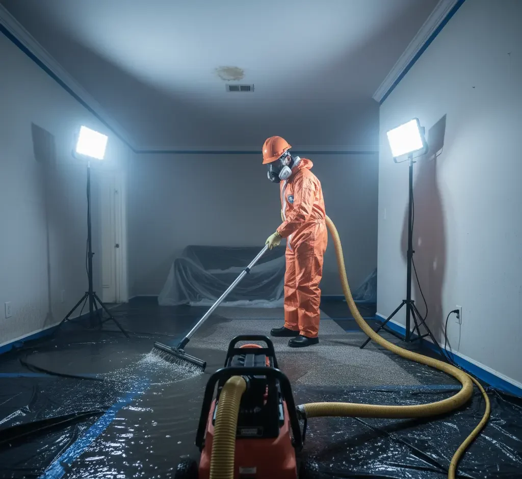 Water extraction and pump-out services being performed by restoration technicians in a flooded room in Los Angeles, Ventura County, and Orange County.