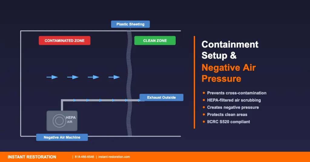 Containment setup with negative air pressure diagram showing HEPA filtration and plastic sheeting barrier for mold remediation