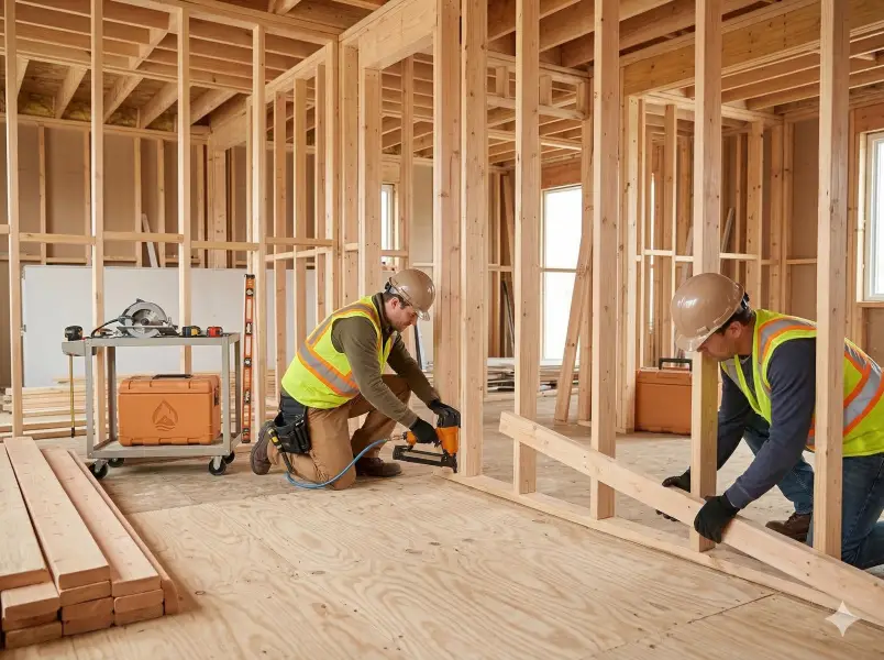 Technicians installing drywall during interior reconstruction build-back.