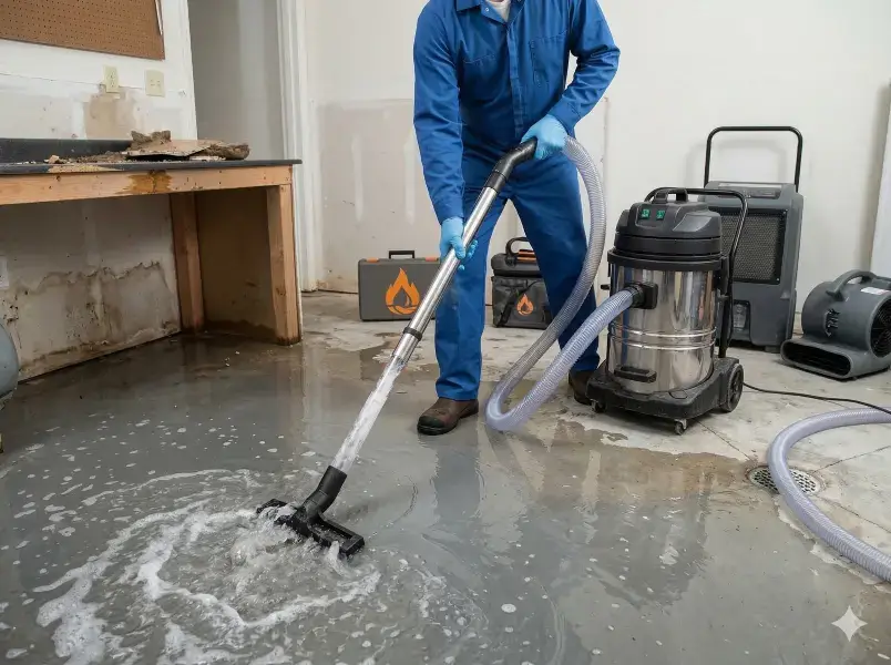 Technician extracting standing flood water using commercial vacuum equipment.