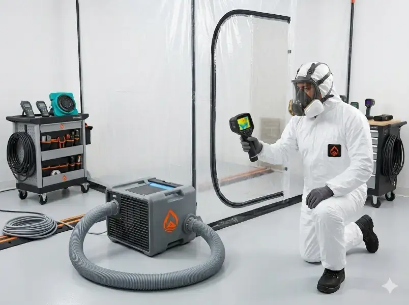 Mold containment barrier and negative air machine setup to prevent mold spores from spreading