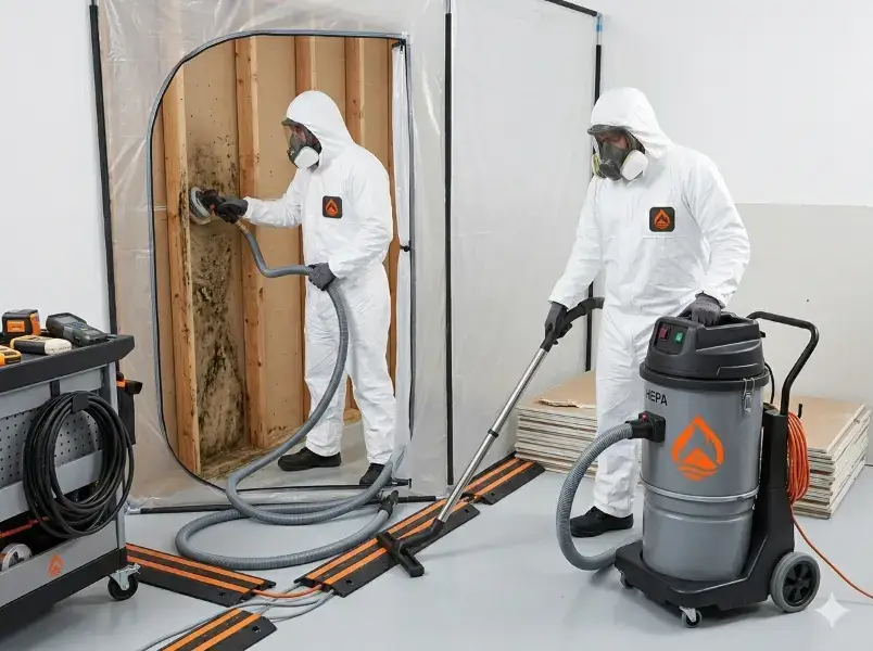Mold removal and HEPA vacuum cleaning of contaminated surfaces