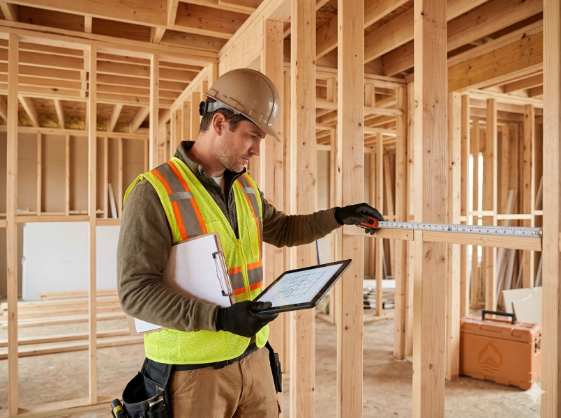 Technician inspecting interior wall damage during reconstruction assessment.