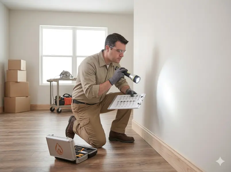 Contractor measuring framing and reviewing building plans during reconstruction planning.