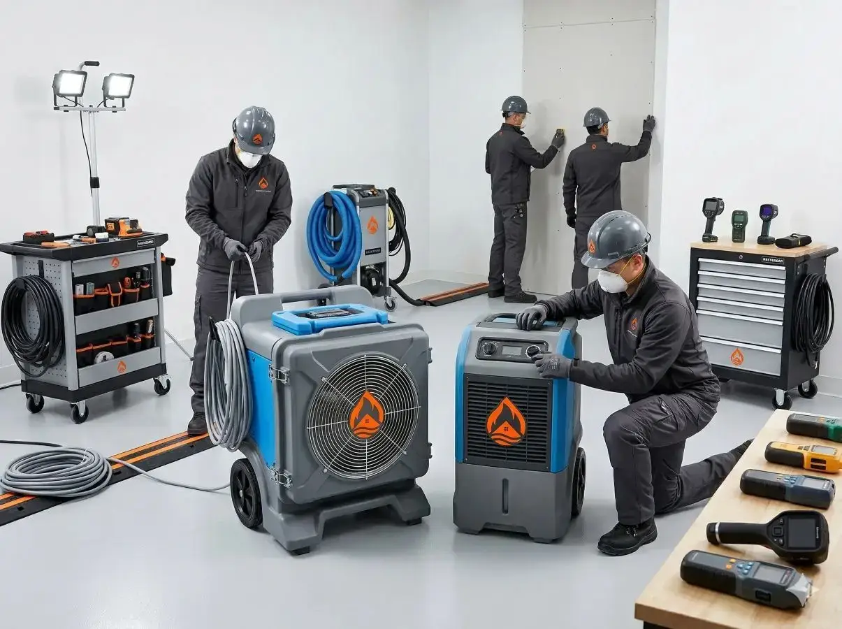 Property damage restoration technicians using advanced drying and remediation equipment