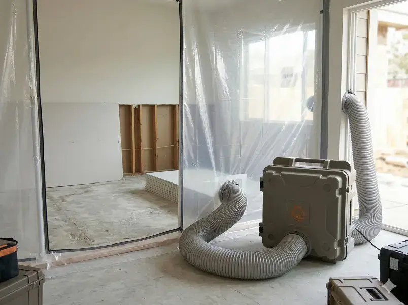 Containment barriers and negative air machine used during sewage cleanup.