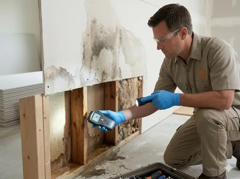 Technician installing drywall during sewage damage reconstruction.