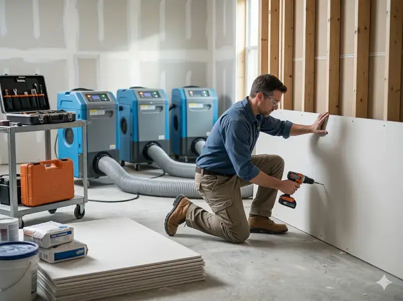 Technician inspecting sewage contamination using moisture detection tools.