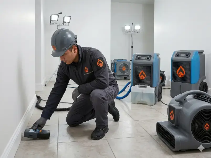 Structural drying using commercial dehumidifiers and air movers after water damage