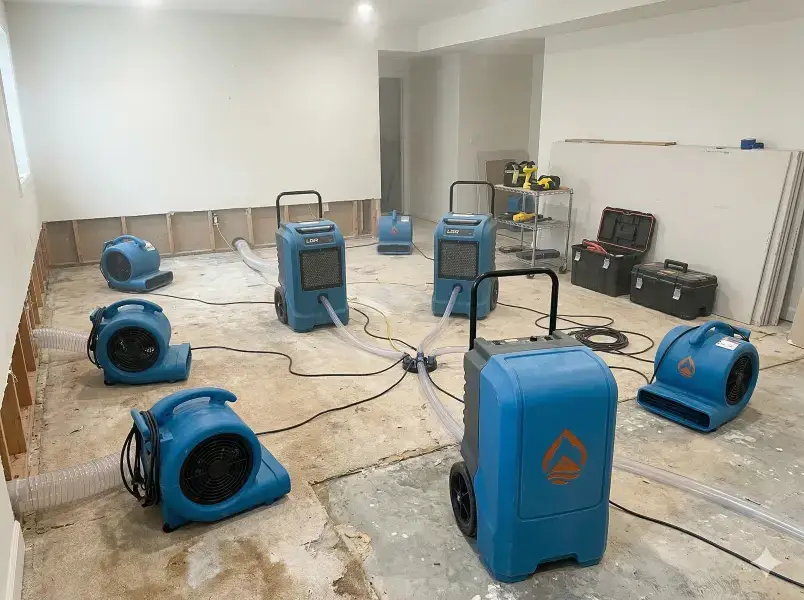 Commercial dehumidifiers and air movers drying a water damaged property.