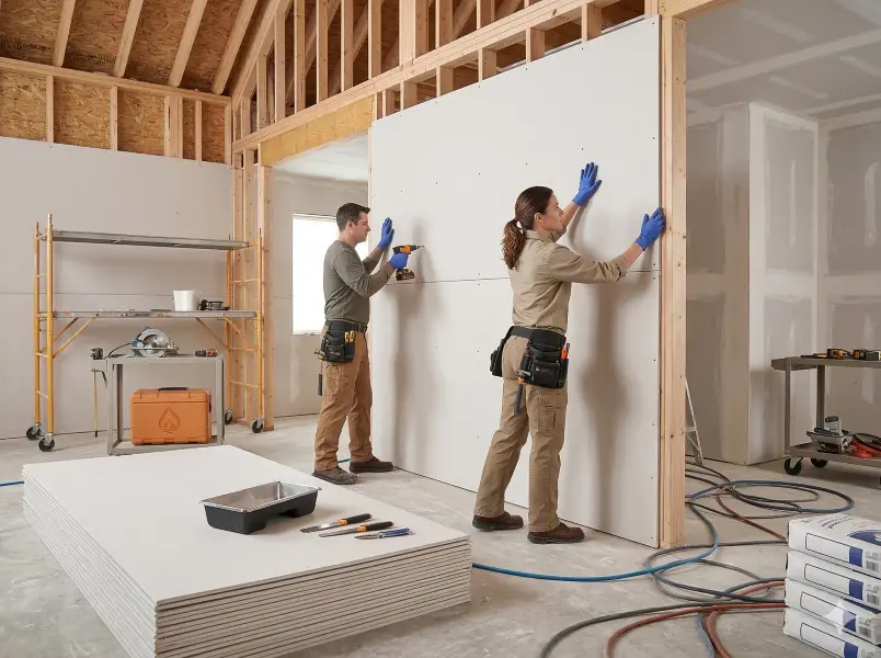 Contractors rebuilding structural framing during property reconstruction.