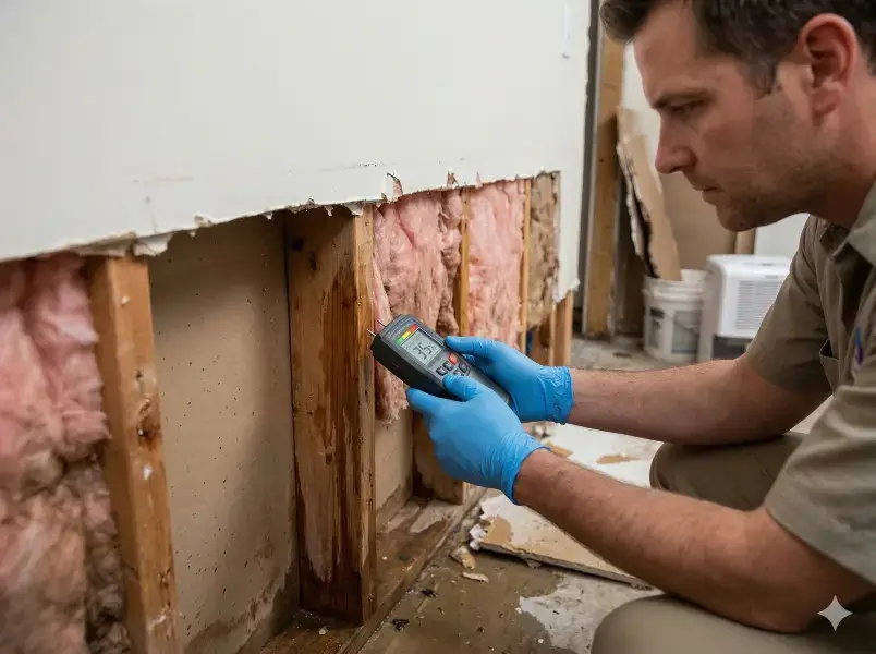 Technician inspecting water damage using a moisture meter inside wall cavity.