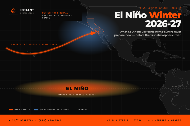 El Niño winter 2026-27 map — wetter than normal forecast for Los Angeles, Ventura, and Orange County — Instant Restoration.