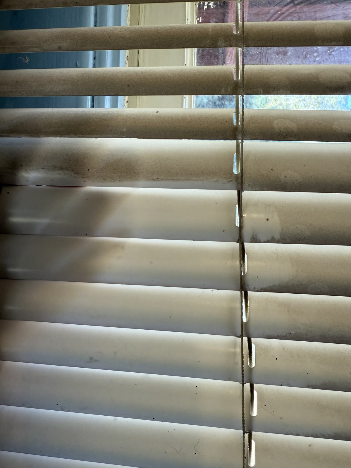 Window blinds coated with smoke residue, clean stripes where the slats overlapped - Camarillo, CA