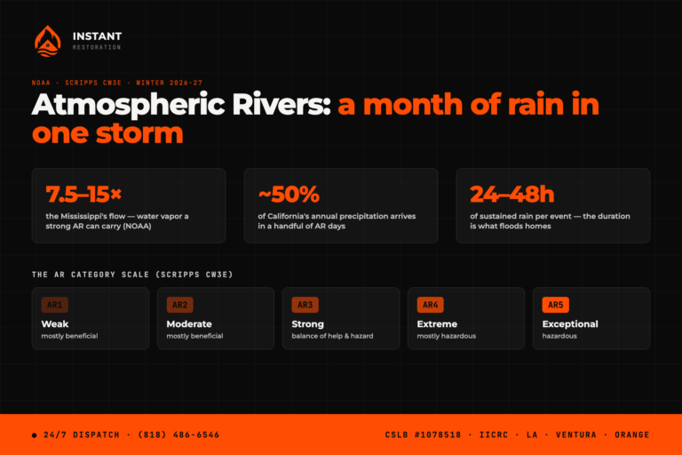 Atmospheric river explainer for California - water carried vs the Mississippi River, share of annual precipitation, storm duration, and the Scripps CW3E AR1-AR5 category scale - Instant Restoration