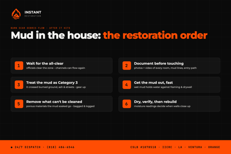 Six-step restoration order after a burn scar debris flow reaches a home: wait for the all-clear, document, treat mud as Category 3, remove mud, remove unsalvageable materials, dry and rebuild