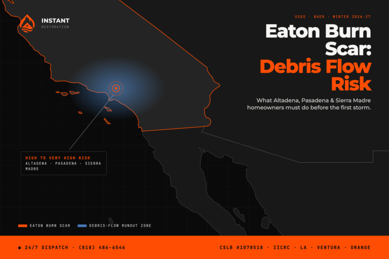 Map of the Eaton Fire burn scar debris flow risk zone above Altadena, Pasadena, and Sierra Madre — Instant Restoration.