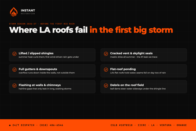 Six places LA roofs fail in the first big storm - lifted shingles, cracked vent seals, full gutters, flat-roof ponding, flashing gaps, roof debris - Instant Restoration
