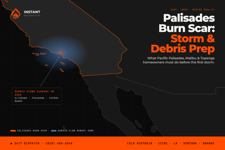 Map of the Palisades Fire burn scar storm and debris flow risk above Pacific Palisades, Malibu, and Topanga — Instant Restoration.