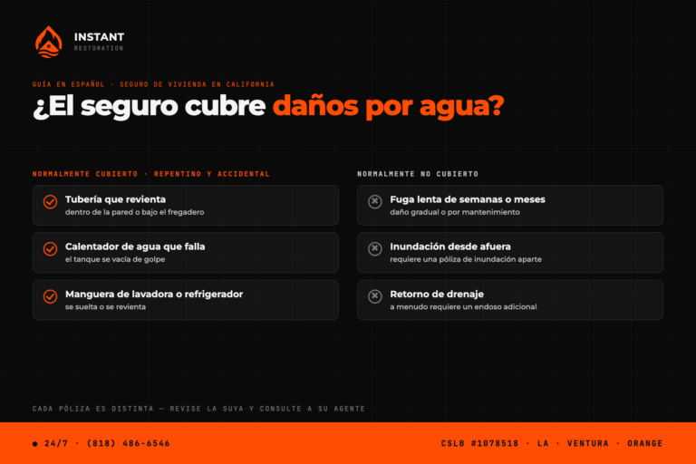 Tarjeta de Instant Restoration: daños por agua que el seguro de vivienda en California normalmente cubre (tubería que revienta, calentador que falla, manguera de lavadora) y que normalmente no cubre (fuga lenta, inundación desde afuera, retorno de drenaje)