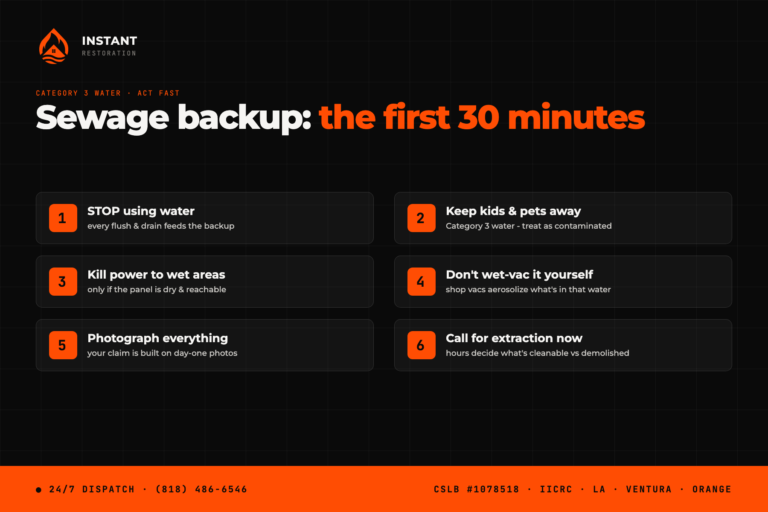 Sewage backup first 30 minutes checklist - stop water use, keep kids and pets away, kill power safely, no wet-vac, photograph, call for extraction - Instant Restoration
