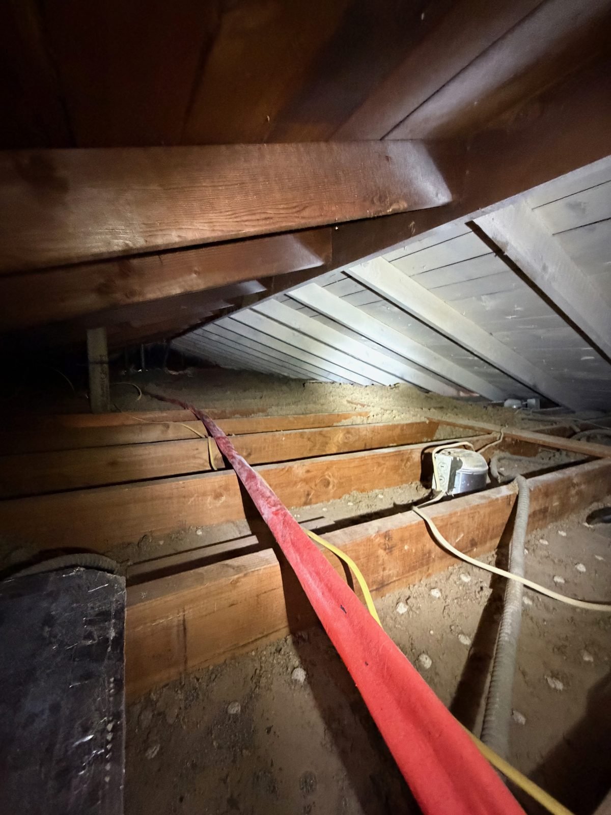 Attic with a vacuum hose and extension cord run across the ceiling joists during insulation removal - Culver City, CA